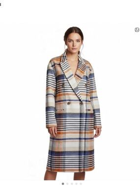 Elie Tahari Plaid Double-Breasted Pea Coat in Blue, Cream & Tan